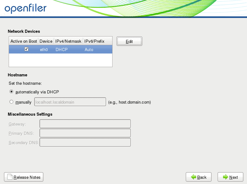 network configuration openfiler