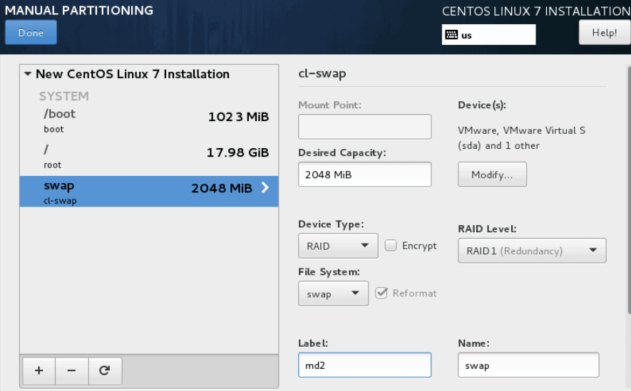 manual RAID 1 partitioning for swap RHEL 7
