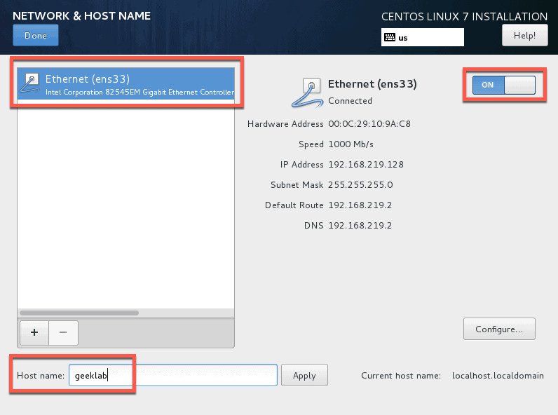 network and hostname settings RHEL 7 installation