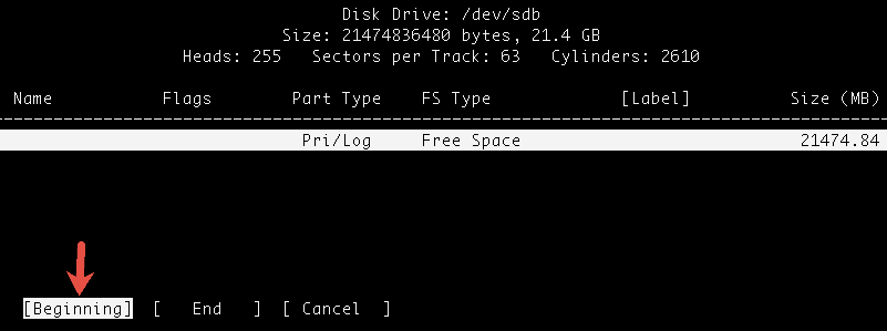 add partition at the beginning of the free space cfdisk