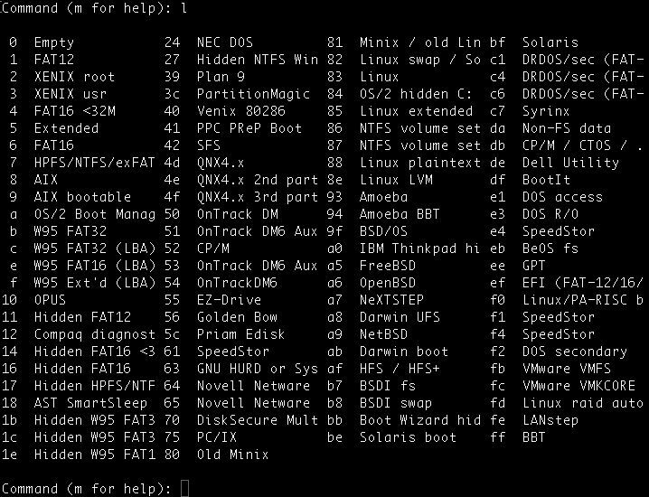 list known partition types using fdisk