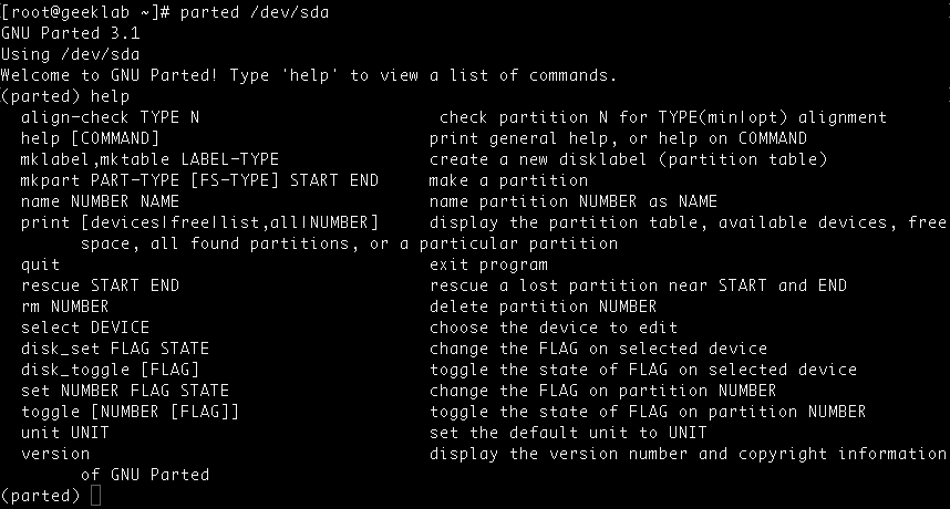 parted command help linux