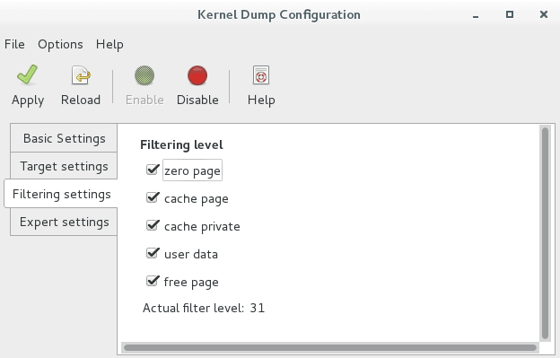 Filtering settings tab - kdump GUI configuration CentOS 7