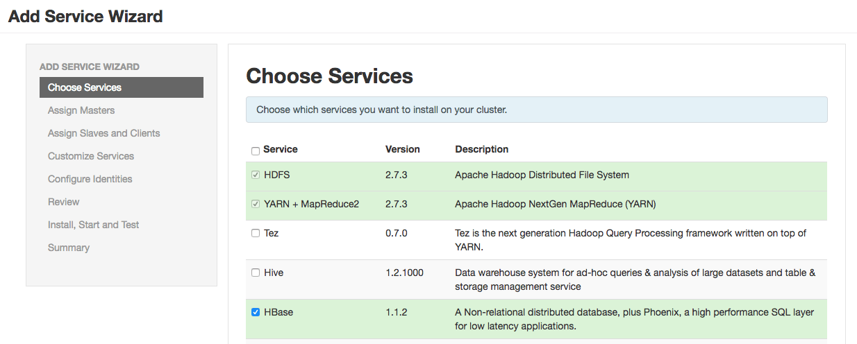 Add Service Wizard - select HBase service HDPCA