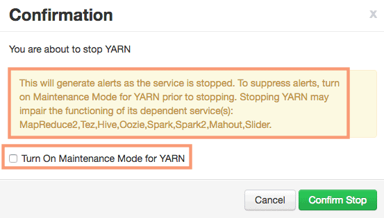 warning while stopping YARN service in ambari