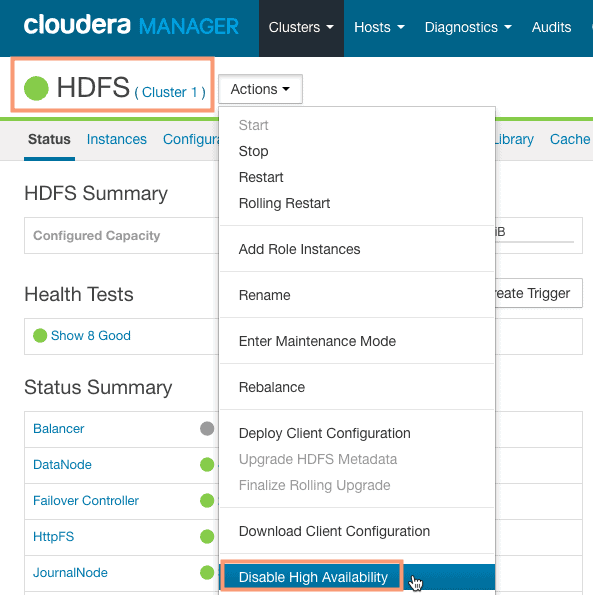 Disable High Availability of NameNode using Cloudera Manager CCA 131