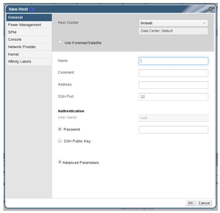 New Host Dialog in the Administration Portal