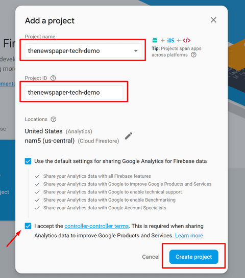 Add a project in Firebase console