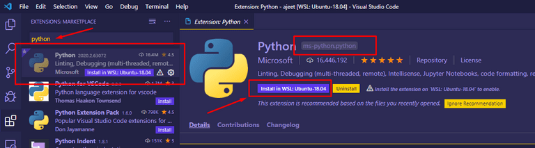 Install Python Extension inside Remote WSL