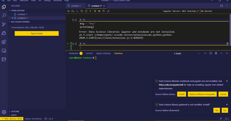View of VS Code when Jupyer library is not installed
